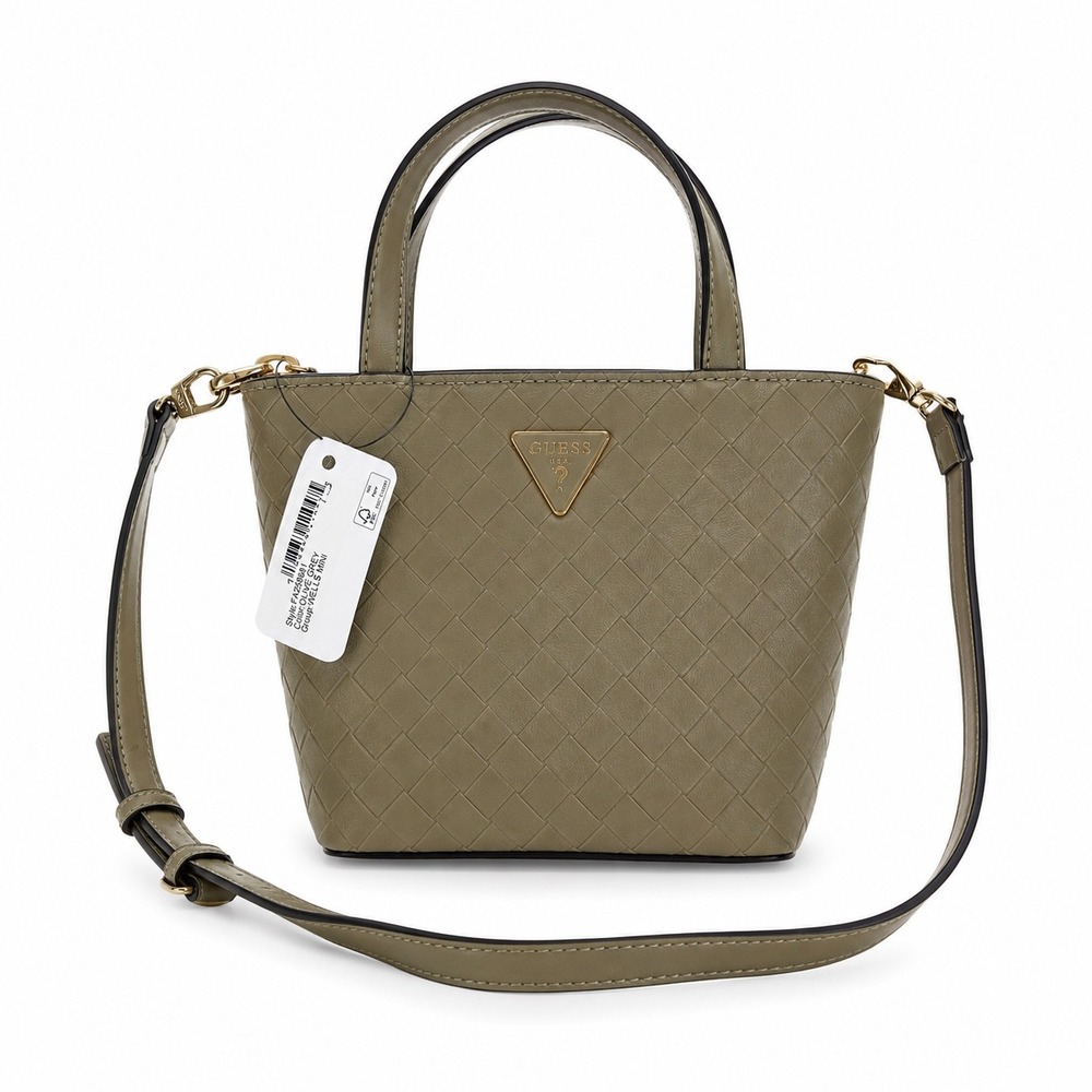 Guess Wells Mini Crossbody Bag Olive Grey Woven Tote FA258681
